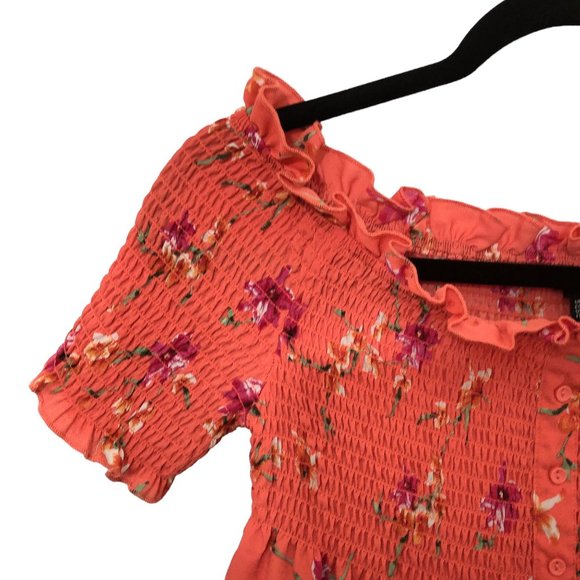 Atmosphere Off the Shoulder Smocked Red Orange Floral Top 4 - Picture 4 of 8